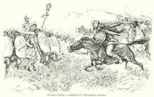 Parthische cavalerie valt Romeinse legionairs aan (gravure) door French School