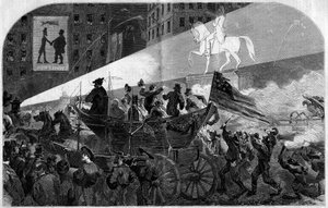 Feest in de straten van New York (New York) ter viering van de installatie van de trans-Atlantische telegraafkabel tussen de Verenigde Staten (Verenigde Staten) en Engeland in 1858. Gravure in Le Monde Illustré nr. 79 van 16 oktober 1858 door French School