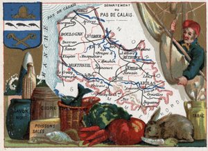 Pas de Calais (62), Nord Pas de Calais, Frankrijk. Lokale specialiteiten: zwarte zeep, vuile vis, cider en tabak. Serie over de Franse departementen. Chromolithografie "de geografische draad", circa 1920. Privécollectie