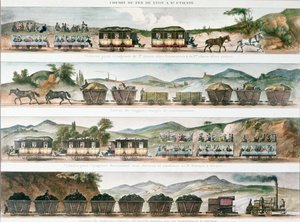 Passagiers en vracht op de eerste Franse lijn geopend tussen Lyon en St. Etienne, 1829 (kleur litho) door French School