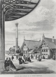 Boerenhuizen bij het Russische paviljoen op de Exposition Universelle van 1867 door French School