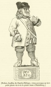 Perkeo, nar van Charles-Philippe, grotesk houten standbeeld tegenover het grote vat van Heidelberg door French School