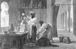 Perzische alchemist Rhazes in zijn laboratorium (gravure)