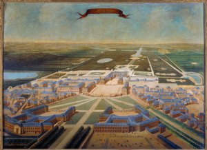 Perspectiefzicht op de stallen van het kasteel en de tuinen van Versailles aan het einde van het bewind van Lodewijk XIV, rond 1710-1715