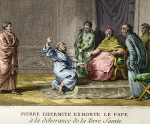 Peter de Kluizenaar spoort paus Urbanus II aan tot de bevrijding van het Heilige Land in 1093 (Peter de Kluizenaar predikt de eerste kruistocht) - Gravure uit de Figuren van de Geschiedenis van Frankrijk, eind 18e eeuw door French School