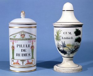 Farmaceutische potten voor Pilule de radius en Arabische gom (faience) door French School