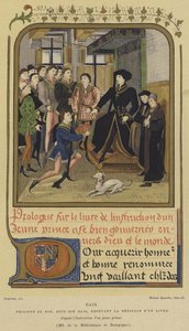 Filips de Goede, hertog van Bourgondië, zittend op een podium en ontvangt een boek, 15e eeuw door French School
