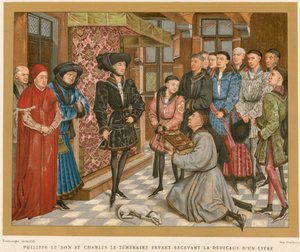 Philippe de Goede en Karel de Stoute ontvangen de toewijding van een boek door French School
