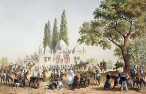 Pelgrims rusten in Jaffa bij de Fontein van Sabil Abu Nabut door French School