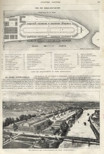 Plan van de oprichting van de Internationale Sport, die in 1869 op het eiland Billancourt moet worden gebouwd - algemeen overzicht van de vestigingen van internationale sport op het eiland Billancourt in 1869 door French School