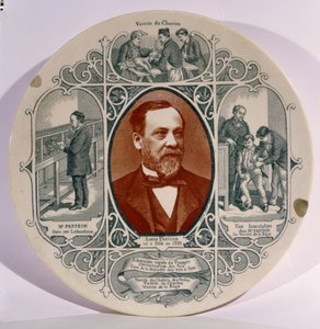 Bord met een foto van Louis Pasteur (1822-95) door Pierre Petit (1832-1909), en scènes uit zijn leven
