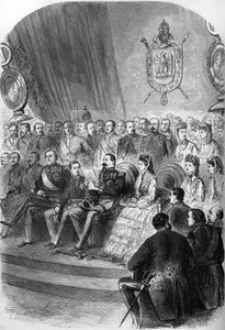 Volksraadpleging van 1870: presentatie van de officiële verklaring van de resultaten aan Napoleon III. Ook aanwezig zijn keizerin Eugenie de Montijo, haar zoon Prins Imperial, de prinsessen Mathilde Bonaparte en Clo