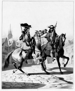 Politie in de 17e eeuw: links de boogschutter van de provoost van de Île de France en rechts de boogschutter van de luitenant - gravure, Bibl. des Arts deco.