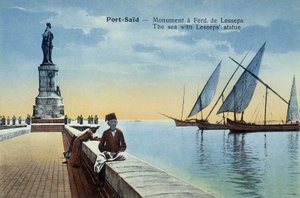 Port Said ansichtkaart. Monument gewijd aan Fernand de Lesseps met uitzichten op de haven en de zee. Rond 1900 (ansichtkaart) door French School