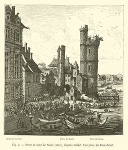 Poort en toren van Nesle, 1640, naar Callot, Uitzicht vanaf de Pont-Neuf