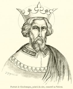 Portret van Karel de Grote, geschilderd in was, bewaard in het Vaticaan (gravure) door French School
