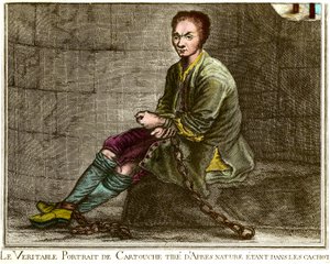 Portret van Louis Dominique Cartouche (1693-1721), Franse bandiet in zijn kerker Gravure uit de 18e eeuw Privécollectie