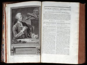 Portret van Alembert en een tekstpagina uit de Encyclopedie van Diderot en Alembert