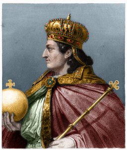 Portret van Childebert II, koning van Austrasië - in "Histoire des Francais" door Lavallee, gravure door French School