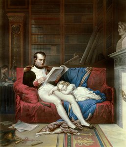 Portret van keizer Napoleon I (1769-1821) en zijn zoon koning van Rome Napoleon II, hertog van Reichstadt (1811-1832) slapend op zijn schoot. Gravure uit de 19e eeuw Malmaison, musee du chateau