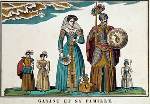 Portret van Gayant, een reus die de stad Douai symboliseert, afgebeeld met zijn familie: zijn vrouw, Marie Cagenon, en zijn drie kinderen, Jacquot, Fillon en Binbin. 18e-eeuwse gravure, beeldvorming door Belfort. Ferrand Collectie door French School