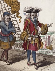 Portret van Jean Bart (1650-1702) met een brandende lont in zijn mond tijdens een zeeslag (kleurgravure)