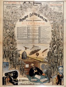 Portret van Jules Verne en scènes uit zijn werken - Reclameposter voor zijn volledige werken door French School