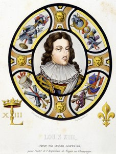 Portret van Lodewijk XIII Koning van Frankrijk (1601-1643). Facsimile van een glas-in-lood uit de Middeleeuwen in “Histoire de la peinture sur verre” by Ferdinand de Lasteyrie