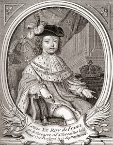 Portret van Lodewijk XV als kind, 1710-1774. Bourbon monarch die regeerde als koning van Frankrijk en Navarra. Uit Les Heures Libres, gepubliceerd 1908.