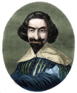 Portret van Miguel de Cervantes Saavedra, Spaanse schrijver. Gravure uit 1852 naar het schilderij van Velázquez.