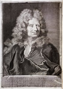 Portret van Nicolas Boileau, ook bekend als Boileau Despreaux (Boileau-Despreaux) (1636-1711) dichter, schrijver. Gravure ter illustratie van de Werken van M. Boileau Despreaux, met historische illuminaties, Deel 1, editie Fabre et Barillot. door French School