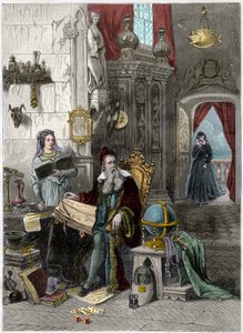 Portret van Nostradamus, Michel de Notre Dame (1503-1566), Franse astroloog en arts met Catherine de Medici (1519-1589) - 19e eeuw (gravure) door French School
