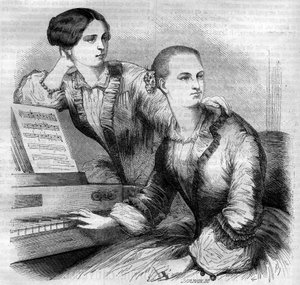 Portret van de Cruvelli-zusters, Duitse dansers. Sophie Cruvelli (Johanna Sofia Charlotte Cruwell) (1826-1907) en Marie Cruvelli (Friederike Marie Cruwell) (1824-1868). Gravure uit 1852 door French School