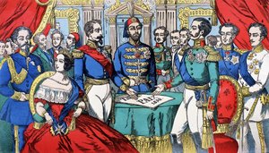 Portret van de soevereinen van Europa tijdens het Vredesverdrag in 1856: van links naar rechts, Victor Emmanuel II, koning van Sardinië, Victoria, koningin van Engeland, Napoleon III, Turkse keizer, Alexander II, koning van Rusland