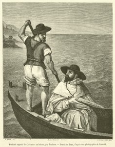 Vermeend portret van Cervantes in een boot (gravure) door French School