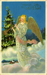 Ansichtkaart, kerstgroeten: engel met trompet op wolken, begin 20e eeuw door French School