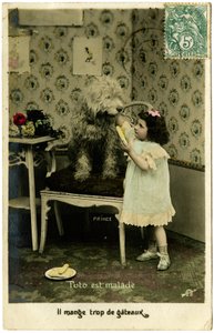 Ansichtkaart: Toto is ziek, hij eet te veel taart, Prince (gedrukt papier)