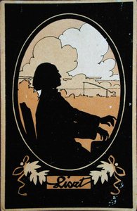 Ansichtkaart van Franz Liszt (1811-86) met het Hongaarse platteland op de achtergrond, ca. 1910