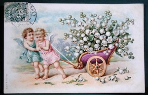 Ansichtkaarten met Cherubs die een wagen vol Lelietjes-van-dalen trekken