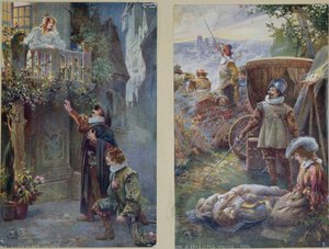 Ansichtkaarten met Cyrano de Bergerac, Roxanne en de dood van Christian, ca. 1900 door French School