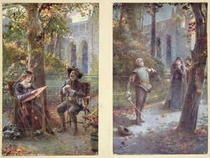 Ansichtkaarten met Cyrano de Bergerac en Roxanne, ca. 1900 door French School