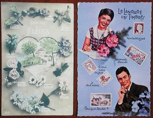 Ansichtkaarten die de taal van bloemen uitbeelden, ca. 1913 en van postzegels, ca. 1963