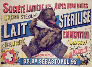 Poster die gesteriliseerde melk, boter en Emmenthal kaas van de Societe Laitiere des Alpes Bernoises adverteert, 1895-1900