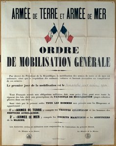 Poster aankondiging Algemene Mobilisatie in Frankrijk, 2 augustus 1914 door het Ministerie van Oorlog en Marine door French School