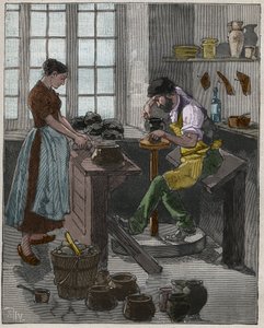 Pottenbakkerij: pottenbakker maakt een vaas op de draaischijf. Frankrijk. door French School