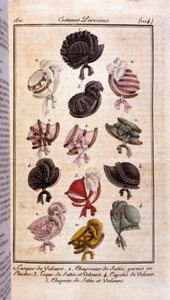 Premier empire mode: verschillende modellen dameshoeden, fluwelen helm, satijnen hoeden, hoed en condooms. Gravure uit 1811