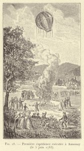 Eerste experiment uitgevoerd in Annonay (5 juni 1783) (gravure) door French School