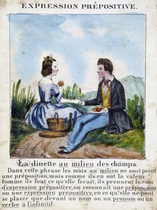 Voorzetseluitdrukking (La dinette au milieu des champs) - grammatica boek in beelden, circa 1850 door French School