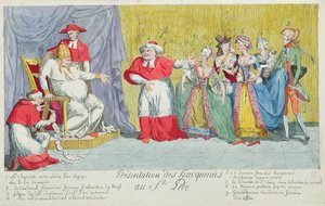 Presentatie van de Merries aan de Heilige Vader, karikatuur van de introductie van Adelaide (1732-1800) en Victoire de France (1733-99) aan de Paus, 17 april 1791 door French School