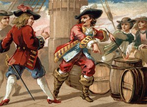 Kaper Jean Bart (1650-1702) bedreigde een Engelse kaper die hem gevangen nam door hem te bedreigen zijn schip op te blazen door een vat buskruit in brand te steken. Chromolithografie uit het einde van de 19e eeuw.